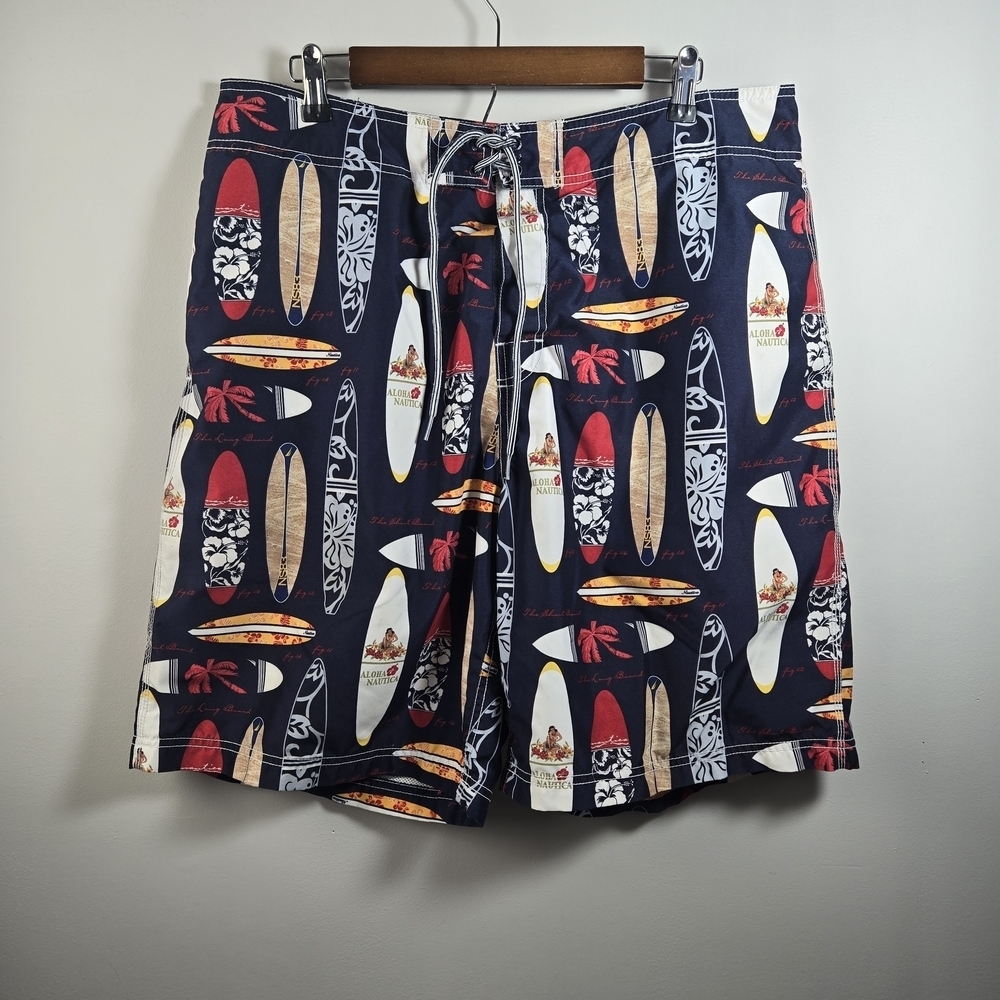 Nautica Blue and Red Swim Trunks with Surfboard Design